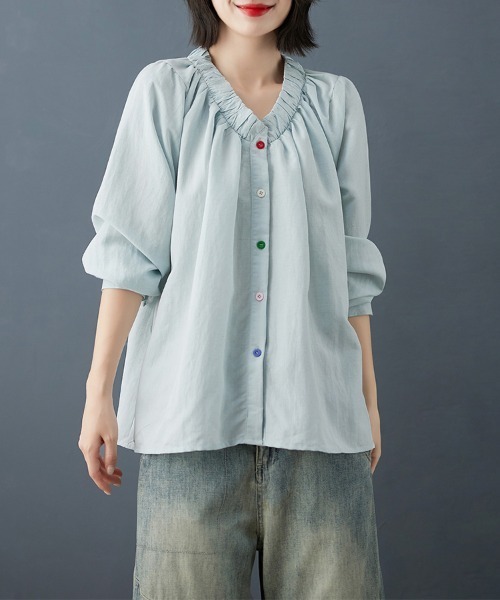 ONEP STAR(ワンピスター)の「カラーボタンギャザーブラウス(シャツ/ブラウス・レディース・ライトブルー/タン・X-LARGE/LARGE/MEDIUM)」の15枚目の写真