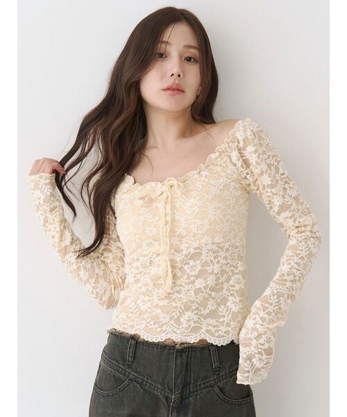 CALNAMUR（カルナムール）の「ピーチレースパットイントップス（Tシャツ/カットソー・レディース・ブラック/オフホワイト/イエロー・FREE）」の3枚目の写真