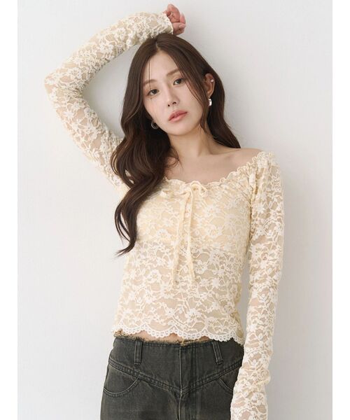 CALNAMUR（カルナムール）の「ピーチレースパットイントップス（Tシャツ/カットソー・レディース・ブラック/オフホワイト/イエロー・FREE）」の11枚目の写真