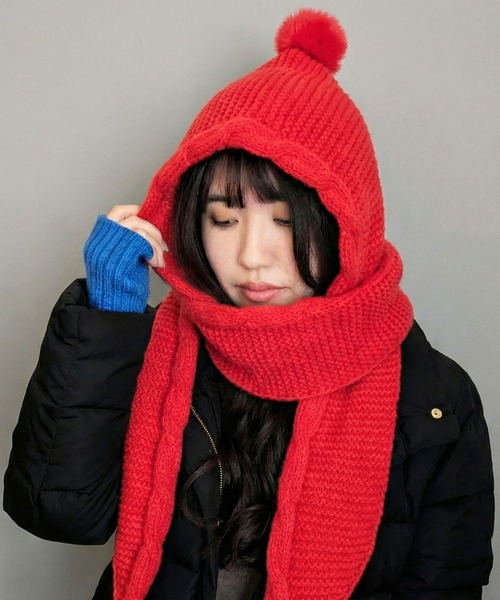 styiro（スタイロ）の「あったか裏起毛ポンポンニットフーディーマフラー（ネックウォーマー/スヌード・レディース・ブラック/レッド/グレー/モカ・FREE）」の2枚目の写真