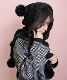 styiro | あったか裏起毛ポンポンニットフーディーマフラー(ネックウォーマー/スヌード)