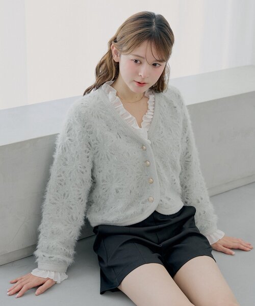 SALON by Chico】取り外しフリル襟フラワーニットジャケット