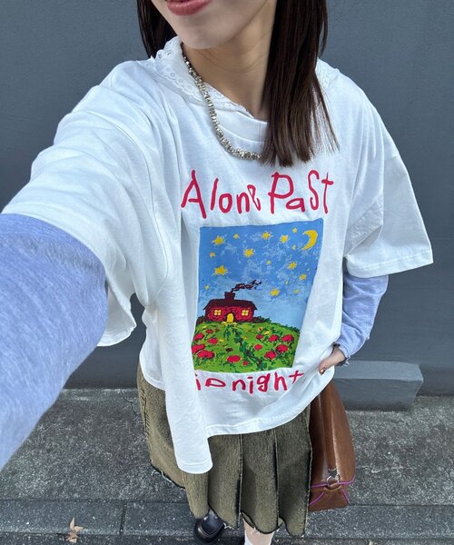 CIAOPANIC（チャオパニック）の「ナイトハウスプリントボックスTシャツ（Tシャツ/カットソー・レディース・ネイビー/ベージュ/ホワイト・FREE）」の4枚目の写真