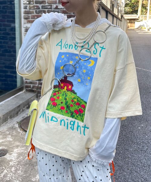 CIAOPANIC（チャオパニック）の「ナイトハウスプリントボックスTシャツ（Tシャツ/カットソー・レディース・ネイビー/ベージュ/ホワイト・FREE）」の9枚目の写真