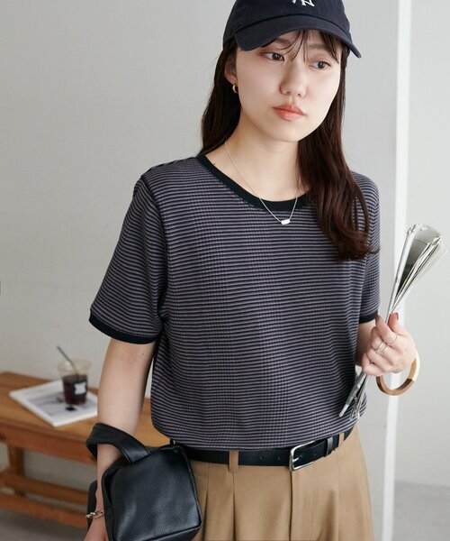DISCOAT（ディスコート）の「リンガーボーダー5分袖（Tシャツ/カットソー・レディース・ボルドー/ブラウン/ブラック/オフホワイト・FREE）」の4枚目の写真