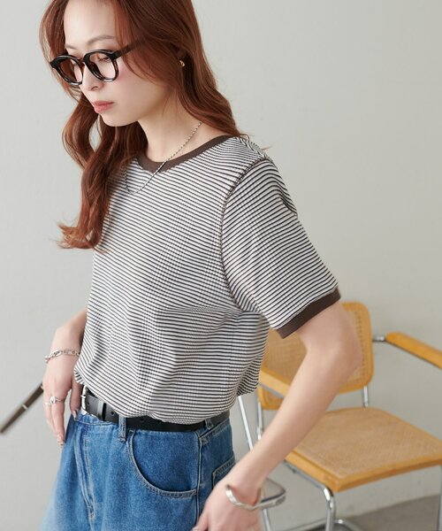 DISCOAT（ディスコート）の「リンガーボーダー5分袖（Tシャツ/カットソー・レディース・ボルドー/ブラウン/ブラック/オフホワイト・FREE）」の5枚目の写真