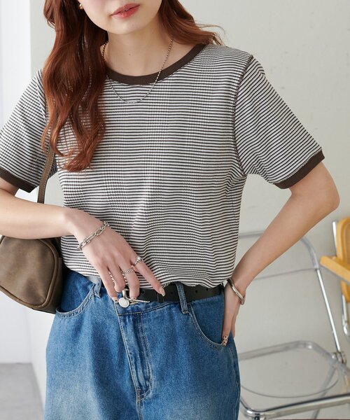 DISCOAT（ディスコート）の「リンガーボーダー5分袖（Tシャツ/カットソー・レディース・ボルドー/ブラウン/ブラック/オフホワイト・FREE）」の6枚目の写真