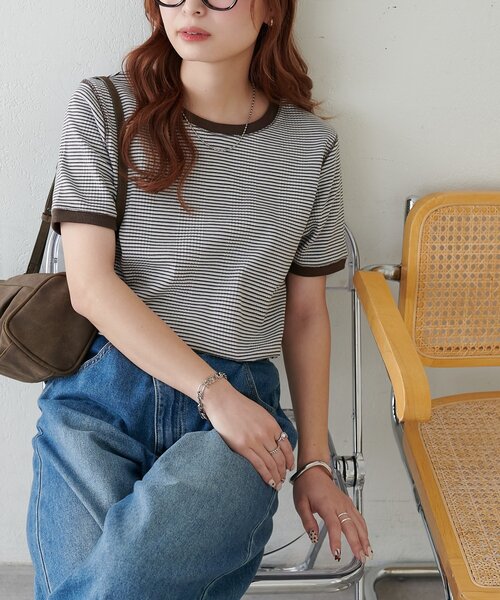 DISCOAT（ディスコート）の「リンガーボーダー5分袖（Tシャツ/カットソー・レディース・ボルドー/ブラウン/ブラック/オフホワイト・FREE）」の8枚目の写真