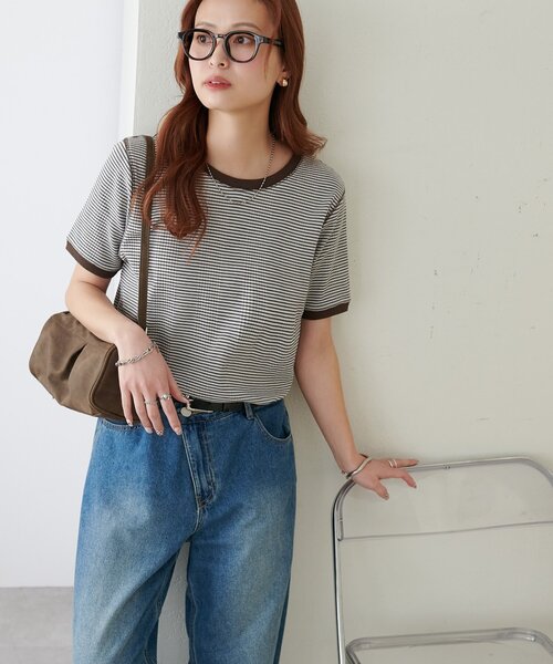 DISCOAT（ディスコート）の「リンガーボーダー5分袖（Tシャツ/カットソー・レディース・ボルドー/ブラウン/ブラック/オフホワイト・FREE）」の9枚目の写真