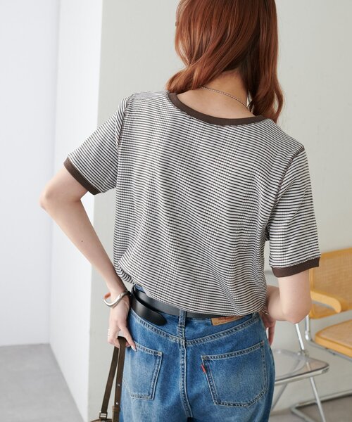 DISCOAT（ディスコート）の「リンガーボーダー5分袖（Tシャツ/カットソー・レディース・ボルドー/ブラウン/ブラック/オフホワイト・FREE）」の11枚目の写真