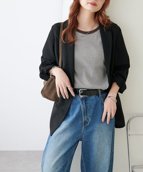 DISCOAT（ディスコート）の「リンガーボーダー5分袖（Tシャツ/カットソー・レディース・ボルドー/ブラウン/ブラック/オフホワイト・FREE）」の15枚目の写真