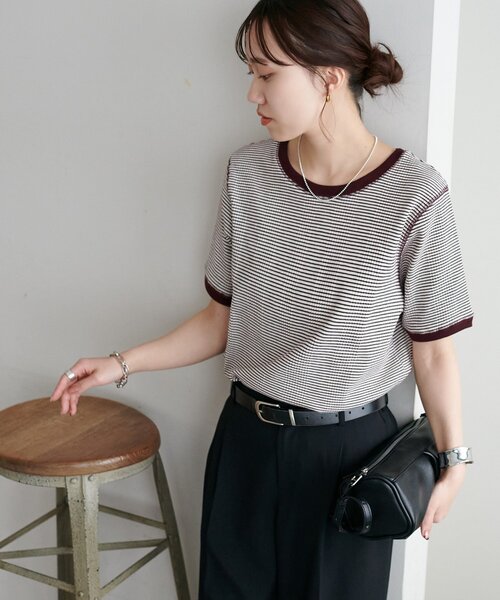 DISCOAT（ディスコート）の「リンガーボーダー5分袖（Tシャツ/カットソー・レディース・ボルドー/ブラウン/ブラック/オフホワイト・FREE）」の22枚目の写真