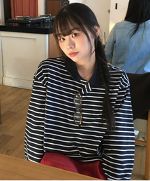 URBANDTYPE（アーバンディタイプ）の「パリスストライプロングスリーブポロTシャツ_ダークネイビー（Tシャツ/カットソー）」