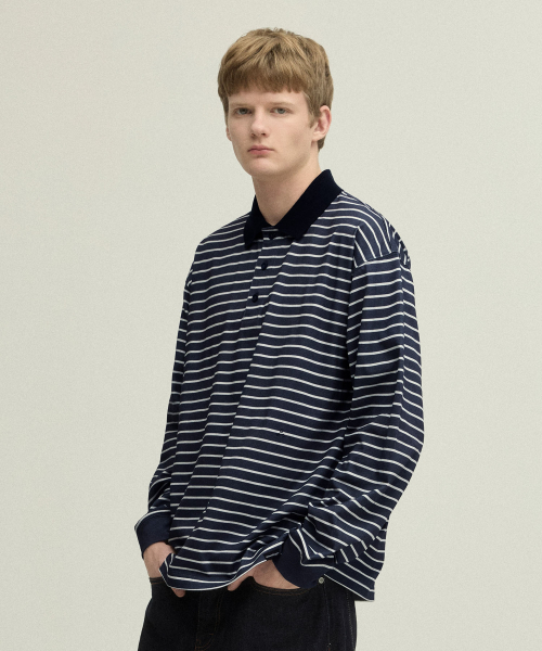 URBANDTYPE(アーバンディタイプ)の「パリスストライプロングスリーブポロTシャツ_ダークネイビー(Tシャツ/カットソー・レディース・その他・SMALL/MEDIUM/LARGE/X-LARGE)」の2枚目の写真