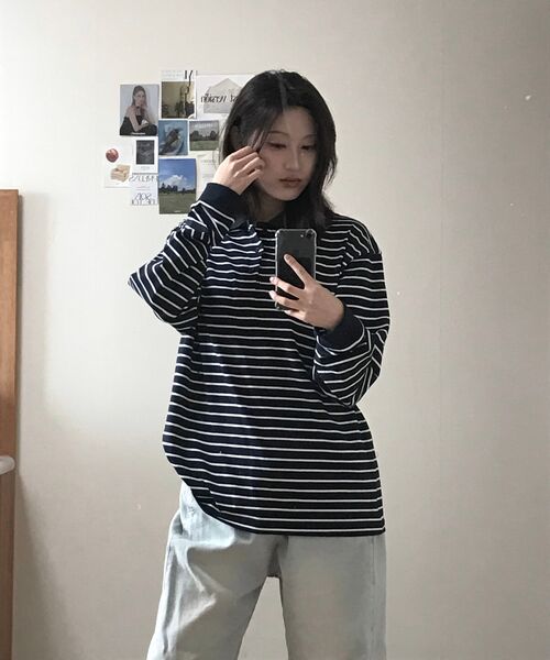URBANDTYPE(アーバンディタイプ)の「パリスストライプロングスリーブポロTシャツ_ダークネイビー(Tシャツ/カットソー・レディース・その他・SMALL/MEDIUM/LARGE/X-LARGE)」の11枚目の写真