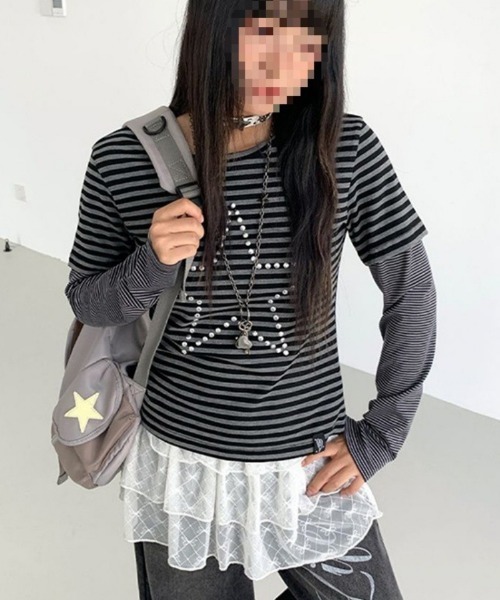 Ritzy(リッツィー)の「Y2K スターモチーフ ボーダーレイヤードトップス(Tシャツ/カットソー・レディース・ブラック・M/L)」の7枚目の写真