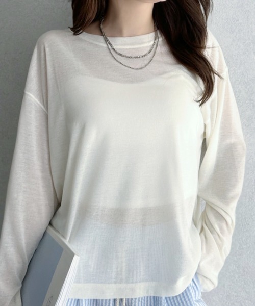 umune(ウムネ)の「シアーロンT 長袖 カットソー スリット クルーネック トップス インナー シースルー レイヤード 透け感 抜け感 秋 冬(Tシャツ/カットソー・レディース・オフホワイト/ブラック/ライム・FREE)」の1枚目の写真