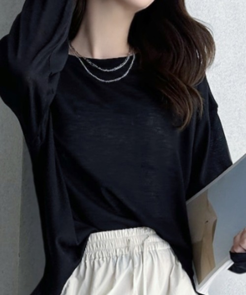 umune(ウムネ)の「シアーロンT 長袖 カットソー スリット クルーネック トップス インナー シースルー レイヤード 透け感 抜け感 秋 冬(Tシャツ/カットソー・レディース・オフホワイト/ブラック/ライム・FREE)」の2枚目の写真