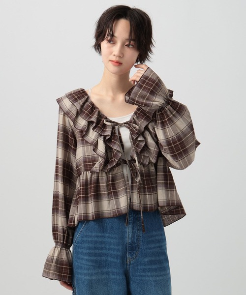 BAYFLOW（ベイフロー）の「楊柳シアーチェックブラウス（シャツ/ブラウス・レディース・ブラウン/ブラック・FREE）」の2枚目の写真