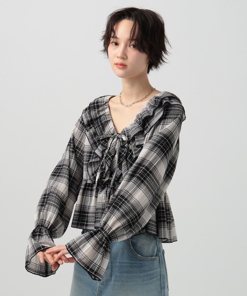 BAYFLOW（ベイフロー）の「楊柳シアーチェックブラウス（シャツ/ブラウス・レディース・ブラウン/ブラック・FREE）」の7枚目の写真