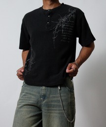 【NYS】トライバルプリント ヴィンテージ ヘンリーネック ワッフルTシャツ 半袖 ショート丈