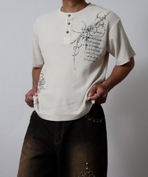 【NYS】トライバルプリント ヴィンテージ ヘンリーネック ワッフルTシャツ 半袖 ショート丈