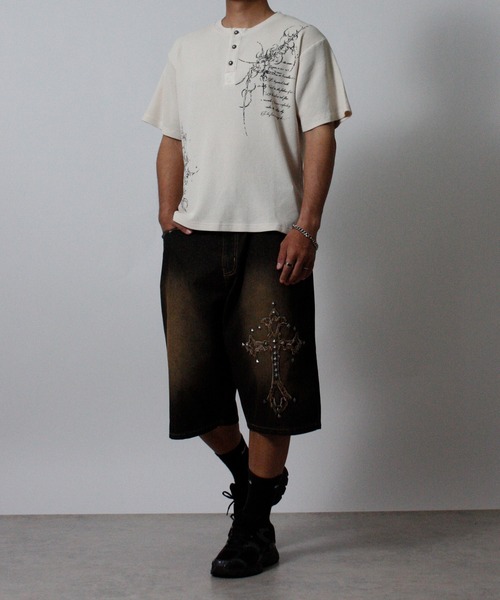 NYLAUS（ナイラス）の「【NYS】トライバルプリント ヴィンテージ ヘンリーネック ワッフルTシャツ 半袖 ショート丈（Tシャツ/カットソー・メンズ・ワインレッド/チャコール/アイボリー・L/M）」の10枚目の写真
