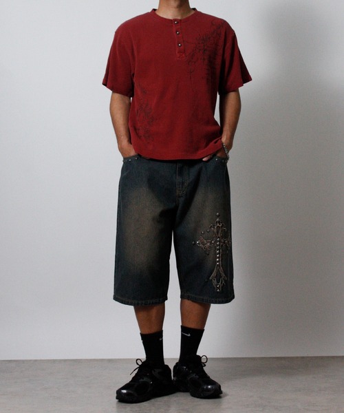 NYLAUS（ナイラス）の「【NYS】トライバルプリント ヴィンテージ ヘンリーネック ワッフルTシャツ 半袖 ショート丈（Tシャツ/カットソー・メンズ・ワインレッド/チャコール/アイボリー・L/M）」の17枚目の写真