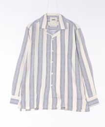 OAS（オーエーエス）の「DESIGN TEE/OAS / ストライプ柄オープンカラー長袖シャツ ホワイト×ブルー リゾートシャツ 開襟 大人カジュアル（シャツ/ブラウス）」