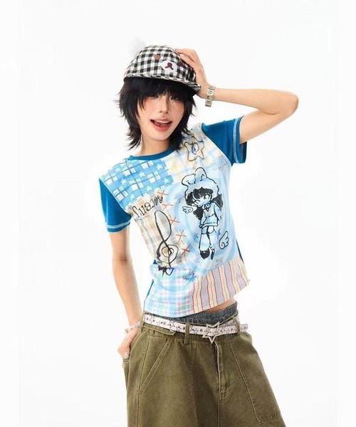 AsheKsha(アシクシャ)の「プリント配色半袖Tシャツ(Tシャツ/カットソー・レディース・ブルー・M)」の3枚目の写真