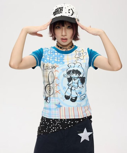 AsheKsha(アシクシャ)の「プリント配色半袖Tシャツ(Tシャツ/カットソー・レディース・ブルー・M)」の4枚目の写真