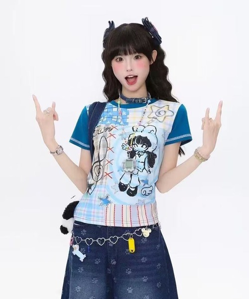 AsheKsha(アシクシャ)の「プリント配色半袖Tシャツ(Tシャツ/カットソー・レディース・ブルー・M)」の5枚目の写真