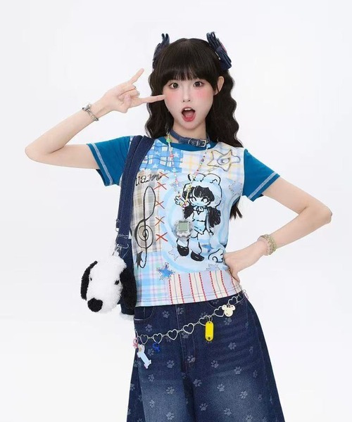 AsheKsha(アシクシャ)の「プリント配色半袖Tシャツ(Tシャツ/カットソー・レディース・ブルー・M)」の6枚目の写真