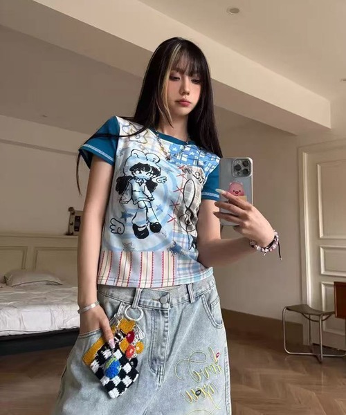 AsheKsha(アシクシャ)の「プリント配色半袖Tシャツ(Tシャツ/カットソー・レディース・ブルー・M)」の8枚目の写真