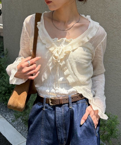 NOGLE(ノグル)の「【NOGLE select/ノグルセレクト】シアーフリルカラーカーディガン(カーディガン/ボレロ・レディース・ピンク/アイボリー/ベージュ/ブルー・FREE)」の1枚目の写真