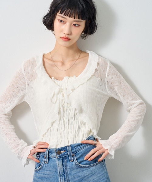 NOGLE(ノグル)の「【NOGLE select/ノグルセレクト】シアーフリルカラーカーディガン(カーディガン/ボレロ・レディース・ピンク/アイボリー/ベージュ/ブルー・FREE)」の3枚目の写真