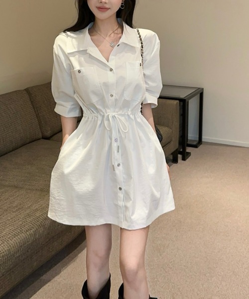 AMAJI（アマジ）の「ウエストシェイプ 半袖 シャツワンピース（シャツワンピース・レディース・カーキ/ブラック/ホワイト・SMALL/MEDIUM/LARGE）」の2枚目の写真