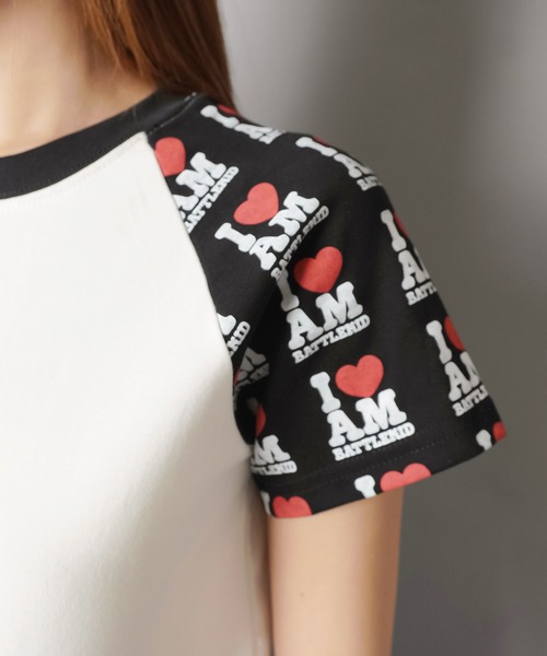 SPINNS（スピンズ）の「ラグラン半袖Tシャツ/袖ロゴ/バディガール（Tシャツ/カットソー・レディース・ホワイト×ブラック/ホワイト×ブルー・ONESIZE）」の11枚目の写真