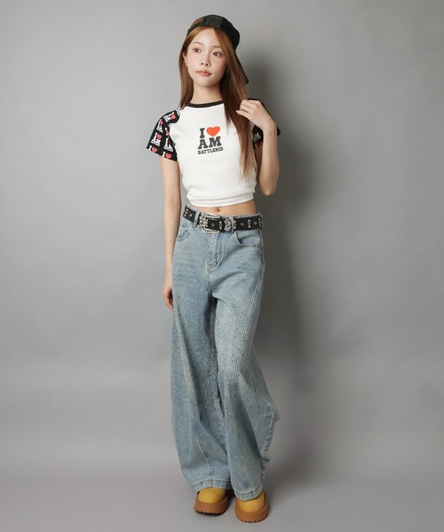 SPINNS（スピンズ）の「ラグラン半袖Tシャツ/袖ロゴ/バディガール（Tシャツ/カットソー・レディース・ホワイト×ブラック/ホワイト×ブルー・ONESIZE）」の6枚目の写真