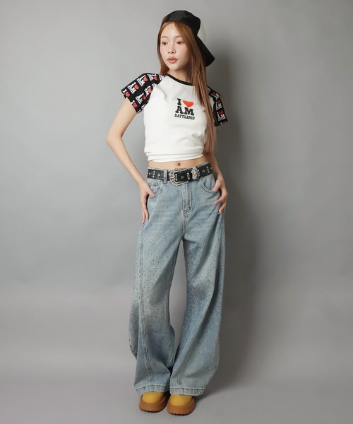 SPINNS（スピンズ）の「ラグラン半袖Tシャツ/袖ロゴ/バディガール（Tシャツ/カットソー・レディース・ホワイト×ブラック/ホワイト×ブルー・ONESIZE）」の7枚目の写真