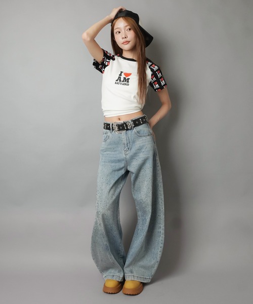 SPINNS（スピンズ）の「ラグラン半袖Tシャツ/袖ロゴ/バディガール（Tシャツ/カットソー・レディース・ホワイト×ブラック/ホワイト×ブルー・ONESIZE）」の9枚目の写真