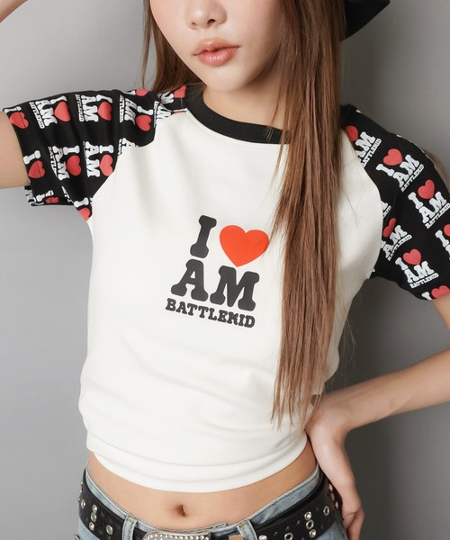 SPINNS（スピンズ）の「ラグラン半袖Tシャツ/袖ロゴ/バディガール（Tシャツ/カットソー・レディース・ホワイト×ブラック/ホワイト×ブルー・ONESIZE）」の5枚目の写真