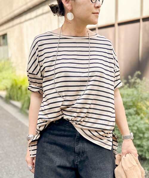 NOLLEY’S(ノーリーズ)の「【WEB限定】ウォッシャブルリヨセル綿オトナT(Tシャツ/カットソー・レディース・オフホワイト/ブルー系その他7/ネイビー/ベージュ系その他3・38)」の1枚目の写真