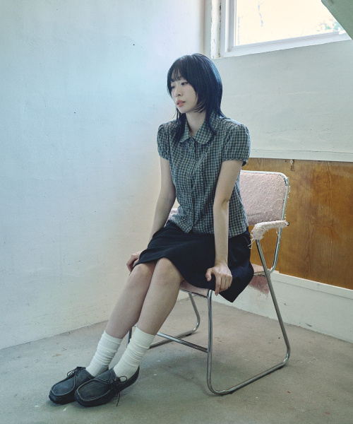 MIHEV(ミヘブ)の「チェックパフ半袖ブラウス チャコール(シャツ/ブラウス・レディース・その他・FREE)」の3枚目の写真