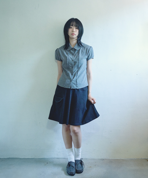 MIHEV(ミヘブ)の「チェックパフ半袖ブラウス チャコール(シャツ/ブラウス・レディース・その他・FREE)」の4枚目の写真