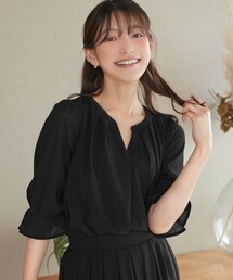 【大きいサイズ】【セットアップ対応】ドビーチェックタックパフ袖ブラウス