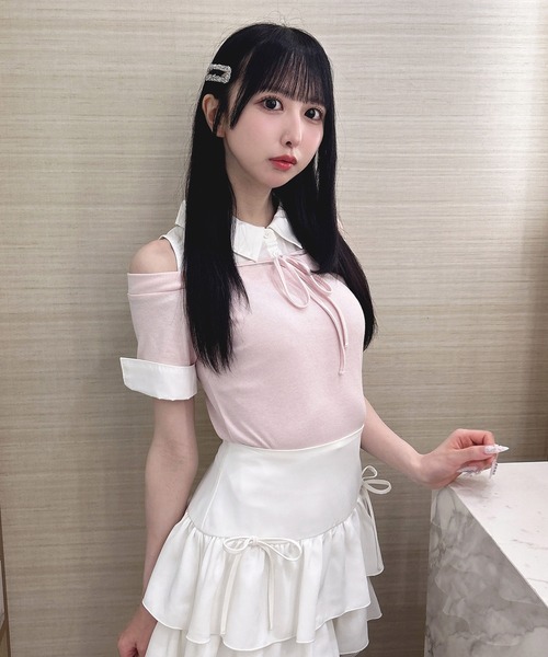 INGNI（イング）の「シャツドッキングオフショルリブトップス（Tシャツ/カットソー・レディース・ブラック系/ブラック×ホワイト/ピンク系7・M）」の3枚目の写真