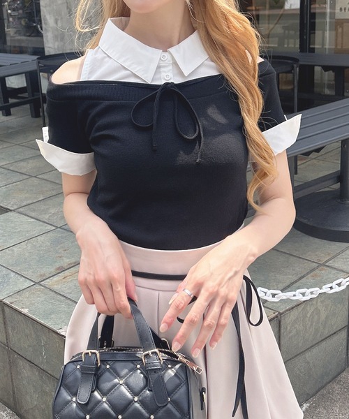 INGNI（イング）の「シャツドッキングオフショルリブトップス（Tシャツ/カットソー・レディース・ブラック系/ブラック×ホワイト/ピンク系7・M）」の4枚目の写真