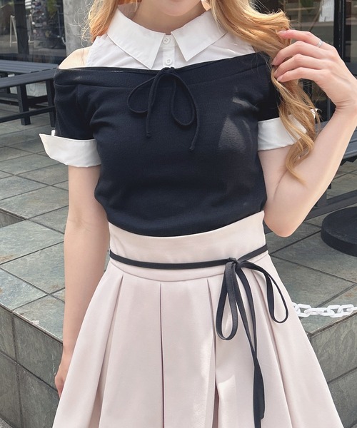INGNI（イング）の「シャツドッキングオフショルリブトップス（Tシャツ/カットソー・レディース・ブラック系/ブラック×ホワイト/ピンク系7・M）」の5枚目の写真