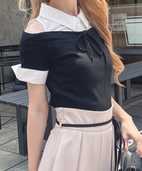 INGNI（イング）の「シャツドッキングオフショルリブトップス（Tシャツ/カットソー・レディース・ブラック系/ブラック×ホワイト/ピンク系7・M）」の6枚目の写真